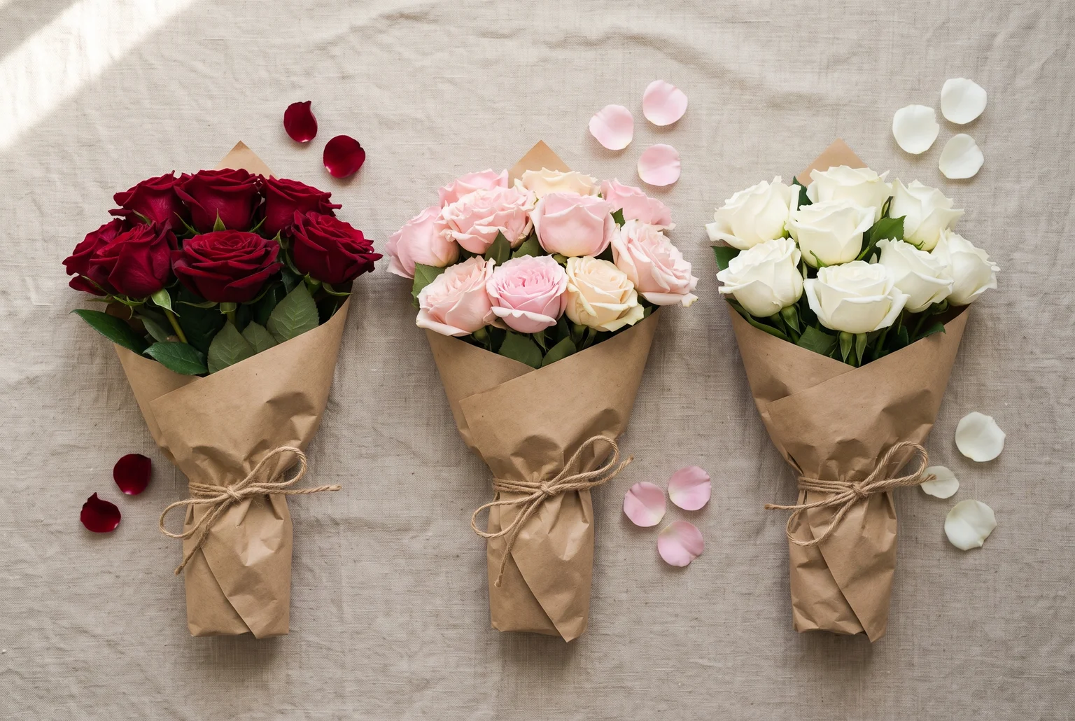 Same rose, three moods: red for passion, pink for tenderness, white for quiet sincerity.