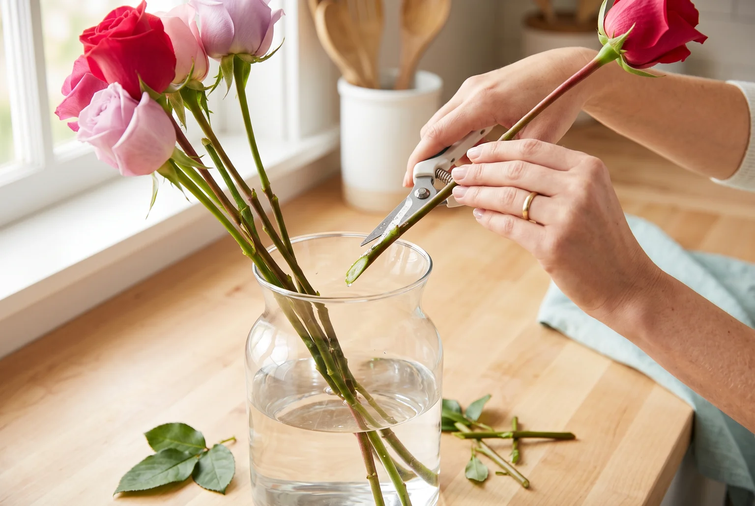 A fresh angled cut lets stems drink water more easily, keeping every bloom in the bunch going strong.