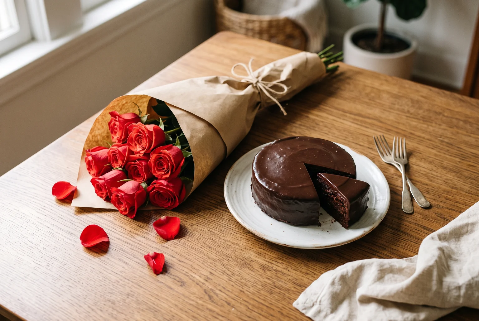 Red roses next to a chocolate cake turn a simple bouquet into a fuller anniversary gesture that appeals to more than one sense.