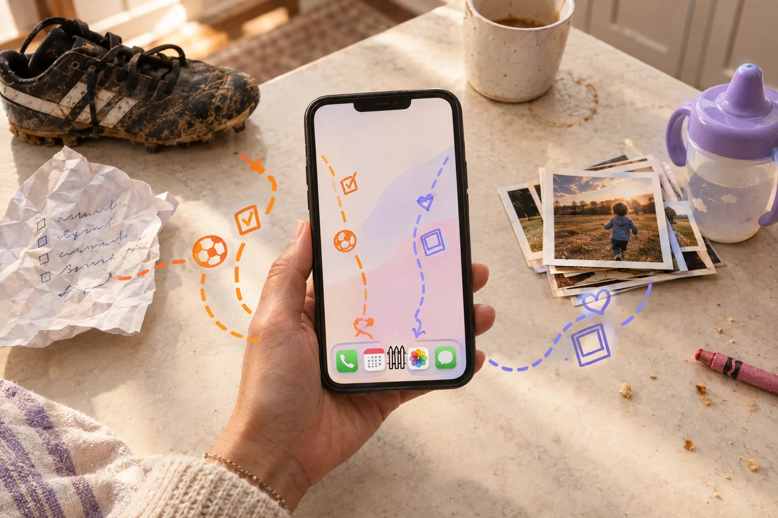 Hand holding a phone over a counter with calendar and photo illustrations and printed photos nearby.
