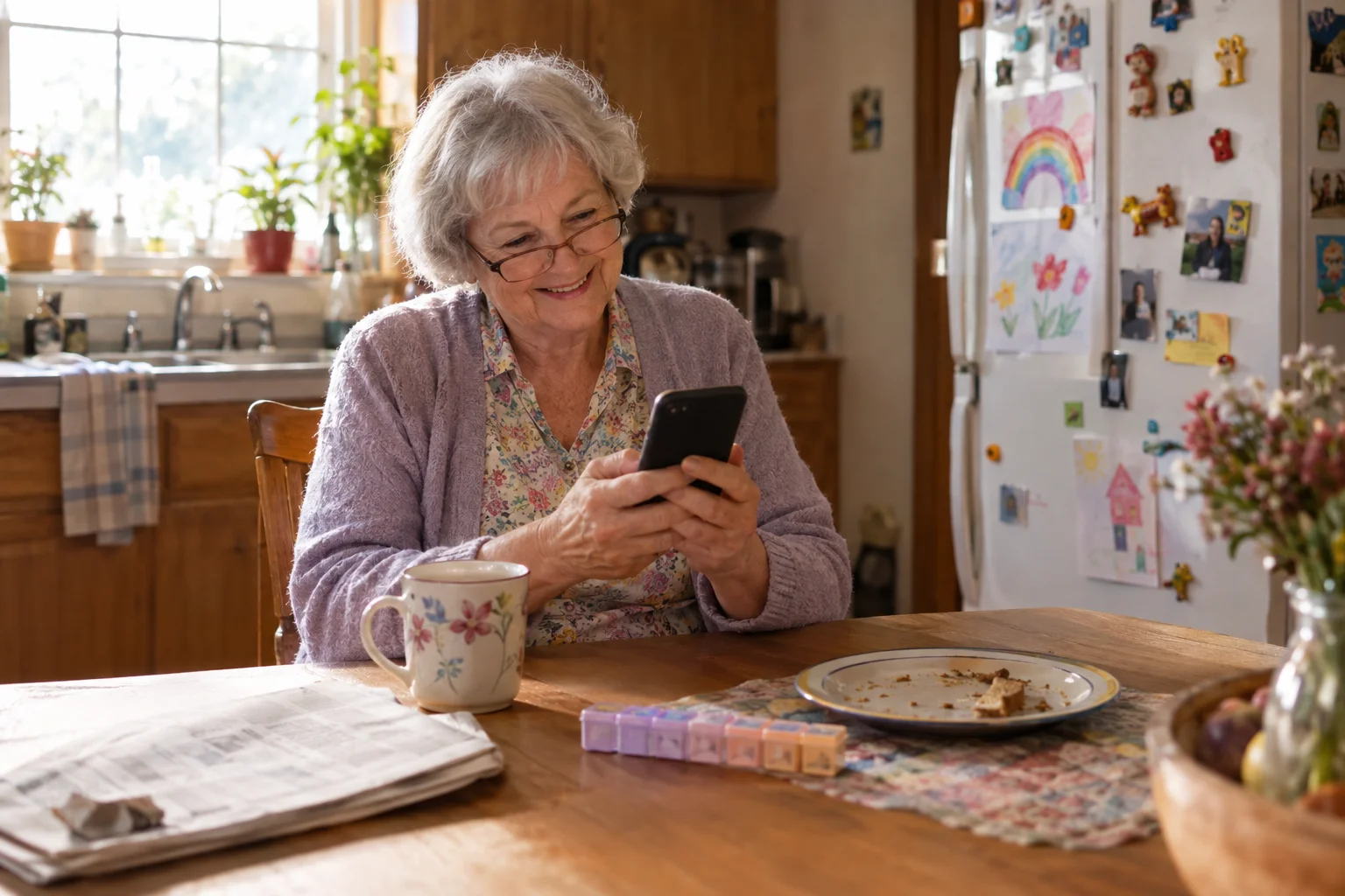 Smiling older woman looking at a phone at a kitchen table beside a coffee mug.