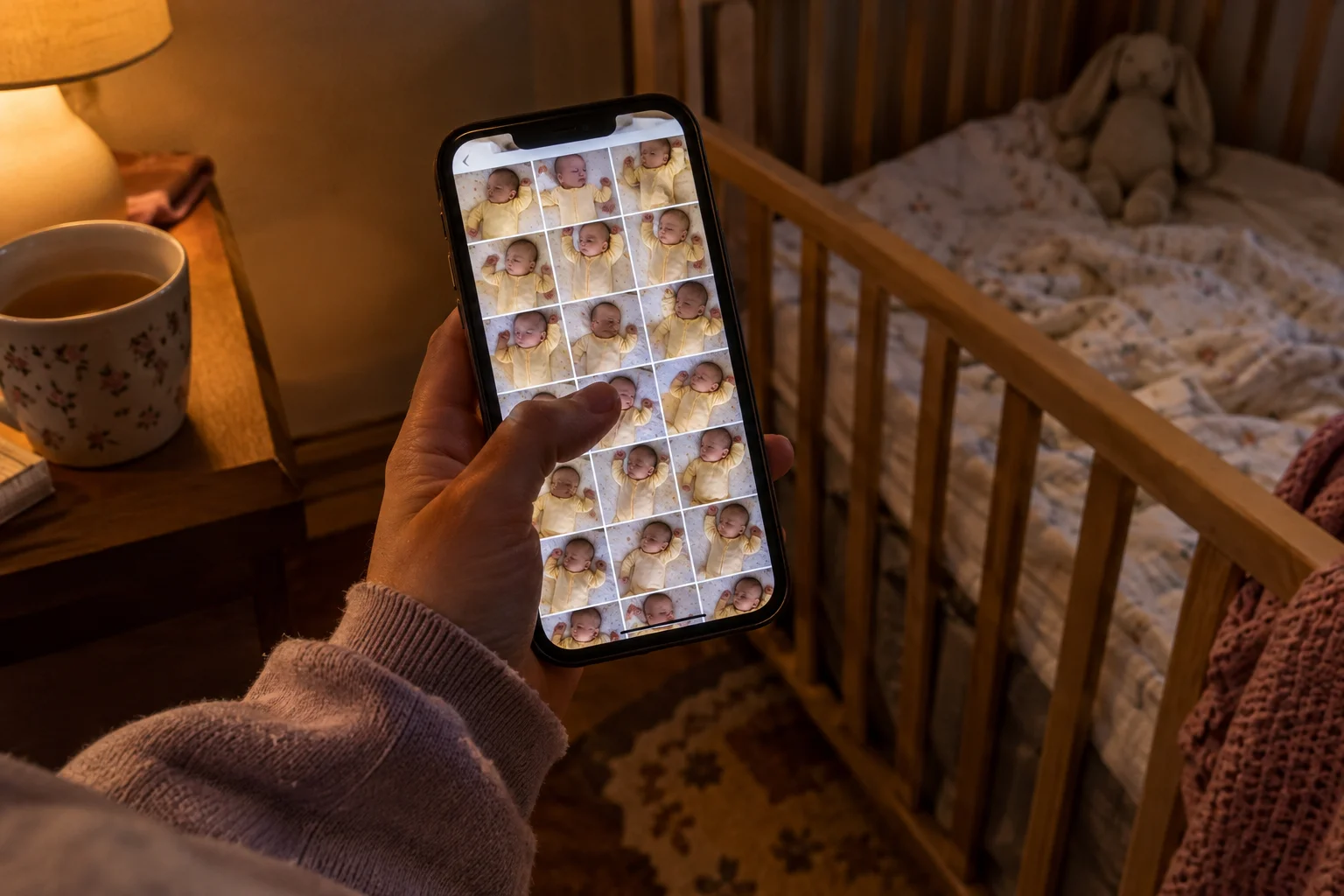 Close-up of a phone displaying sleeping baby photos beside a crib.