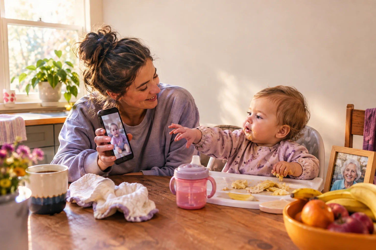 Parent with a baby in a high chair at breakfast, holding a phone showing a family image.