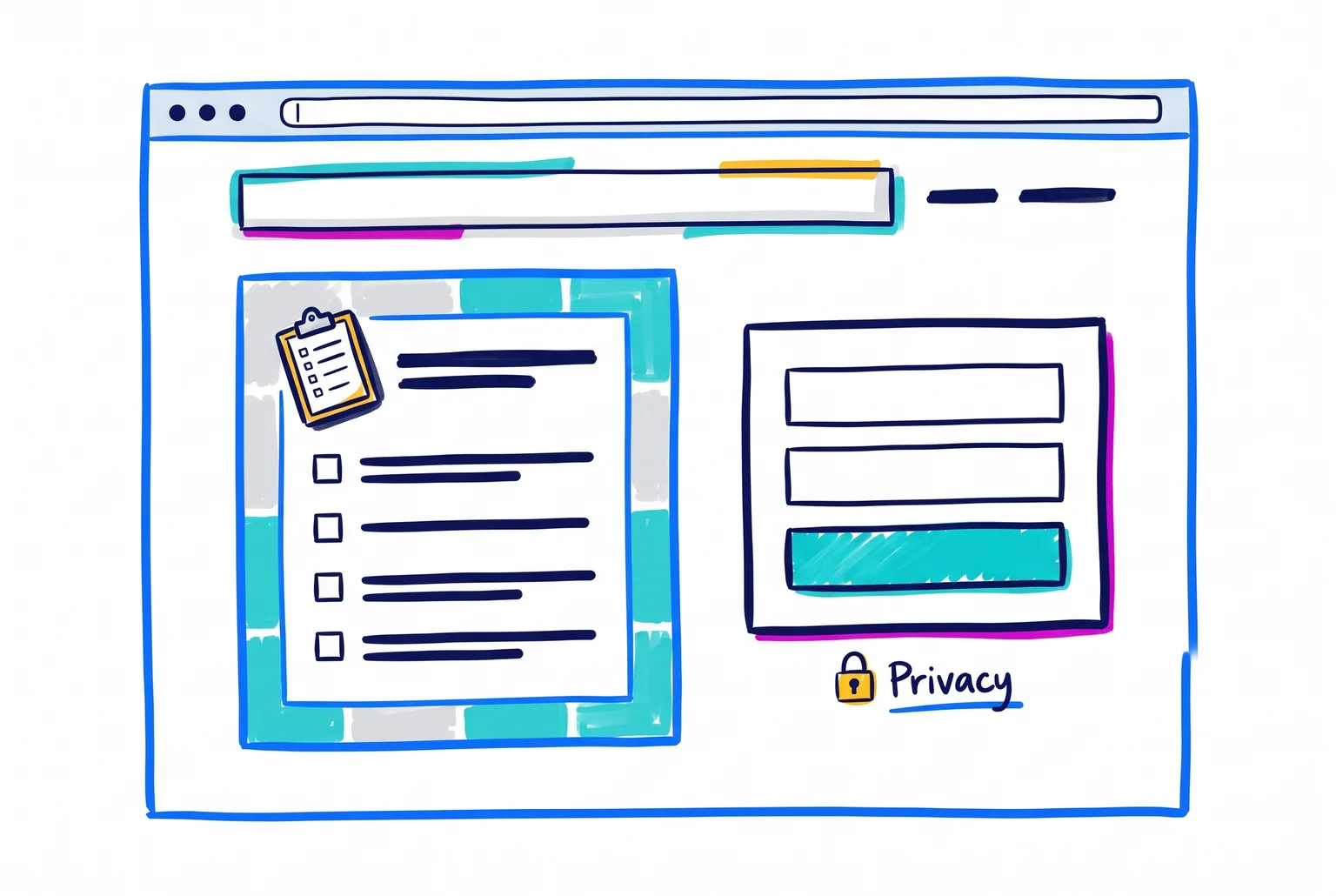 One worry, one checklist, two fields, and a privacy link keep the Resources page focused on a single next step. Hand-drawn wireframe of a resources page with a checklist cover, two-field email form, button, and privacy link below