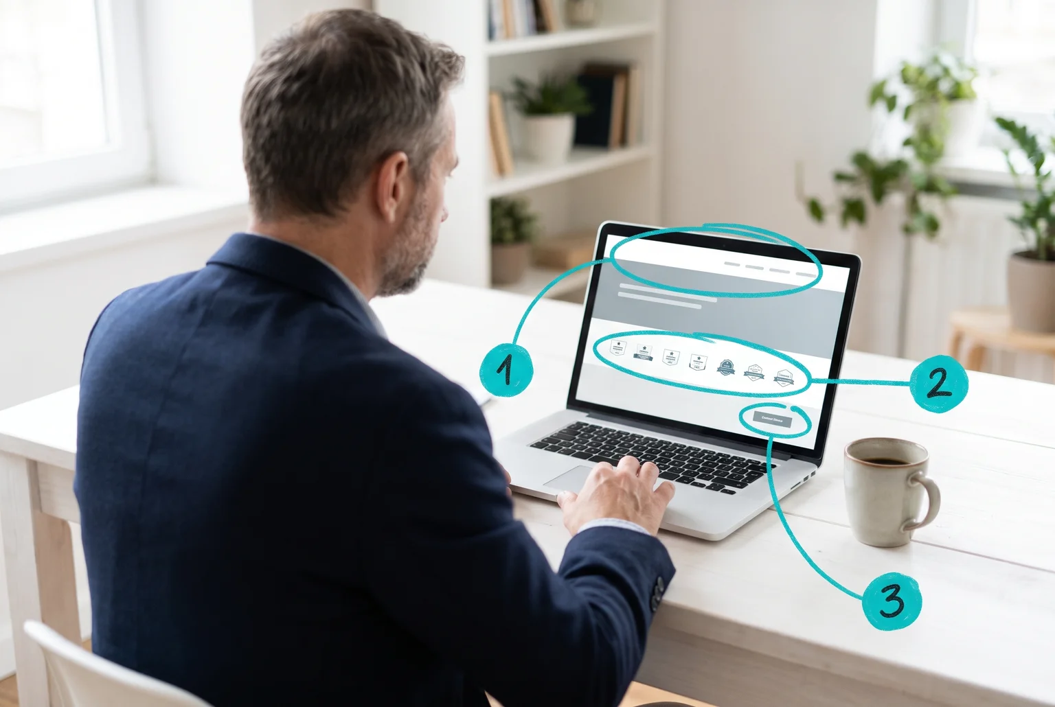 A referred prospect may decide in moments whether your headline, credentials, and contact path earn their trust. Prospect at a laptop viewing a simple advisor website with three circled areas for headline, credentials, and contact button