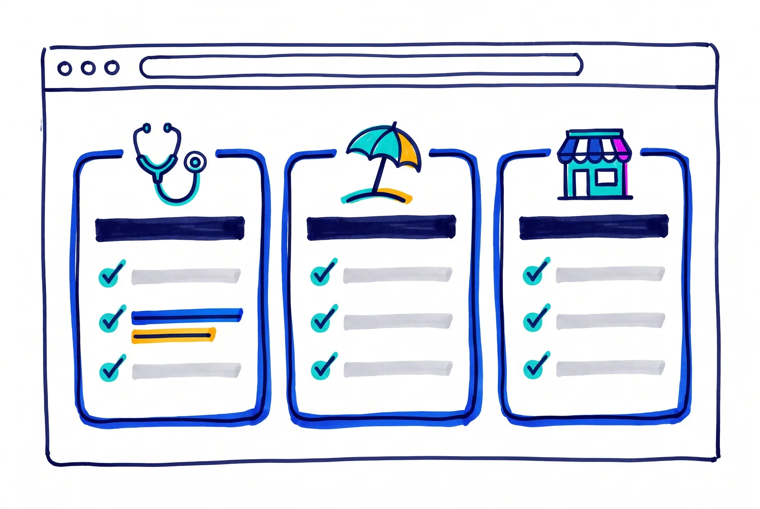 Organize services around who the client is, with each situation getting a short block of planning needs. Wireframe of a services page with three blocks headed by a stethoscope, umbrella and storefront, each with checklist lines